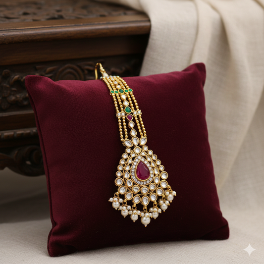 Traditional Maang Tikka - Gold-Plated Kundan Forehead Jewelry for Women
