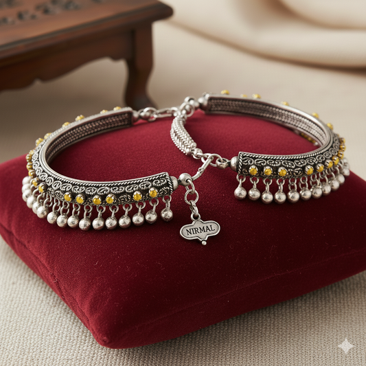 Silver Anklet Payal Set - 2 Pcs Traditional Indian Ghungroo Ankle Bracelets