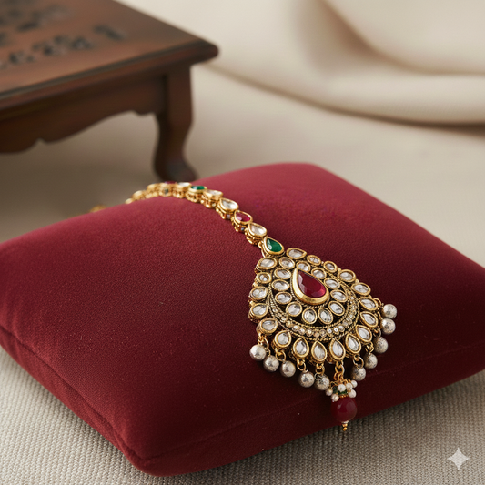 Traditional Maang Tikka - Gold-Plated Kundan Forehead Jewelry for Women