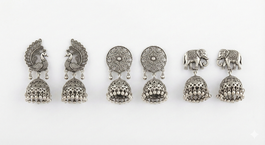 Traditional Jhumka Earrings Set - 3 Pairs Oxidized Silver Indian Drop Earrings