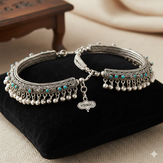 Silver Anklet Payal Set - 2 Pcs Traditional Indian Ghungroo Ankle Bracelets