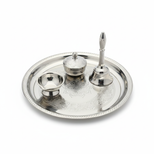 Mini Pooja Thali Set - Decorative Steel Aarti Plate with Accessories